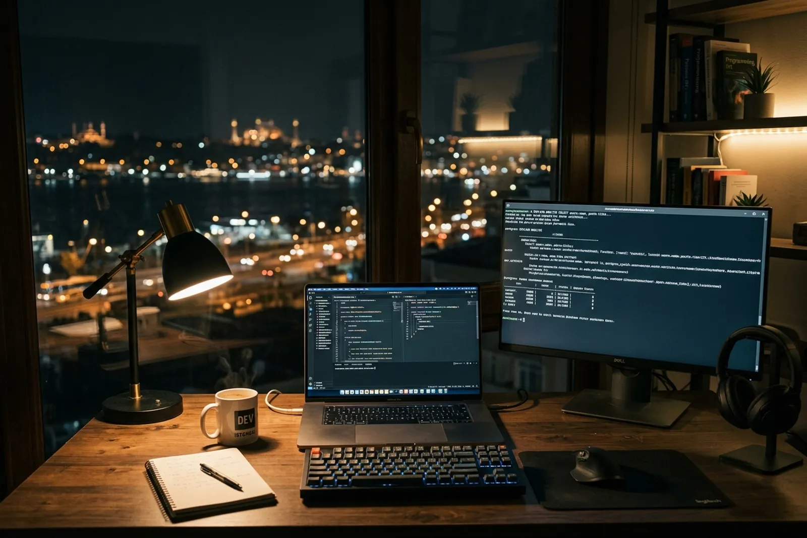 A laptop with a code editor and a screen of database queries on a desk overlooking Istanbul at night