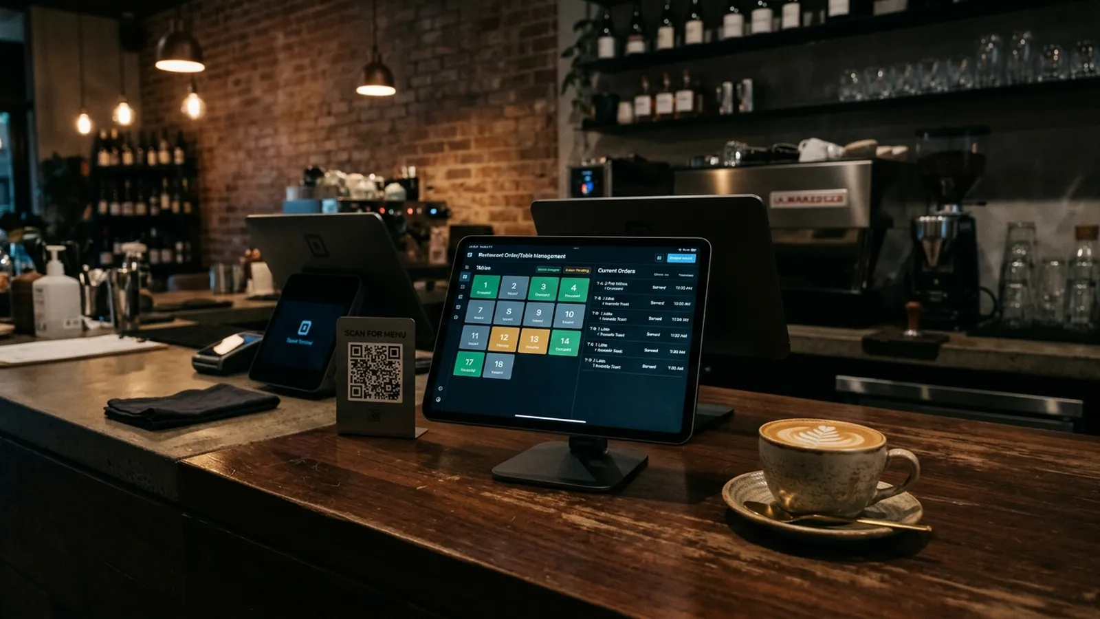 A POS tablet showing table and order management next to a QR menu stand on a café counter