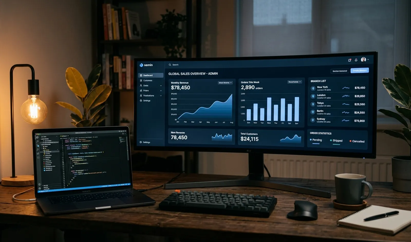 A SaaS admin dashboard with sales charts and a branch list next to a laptop with a code editor