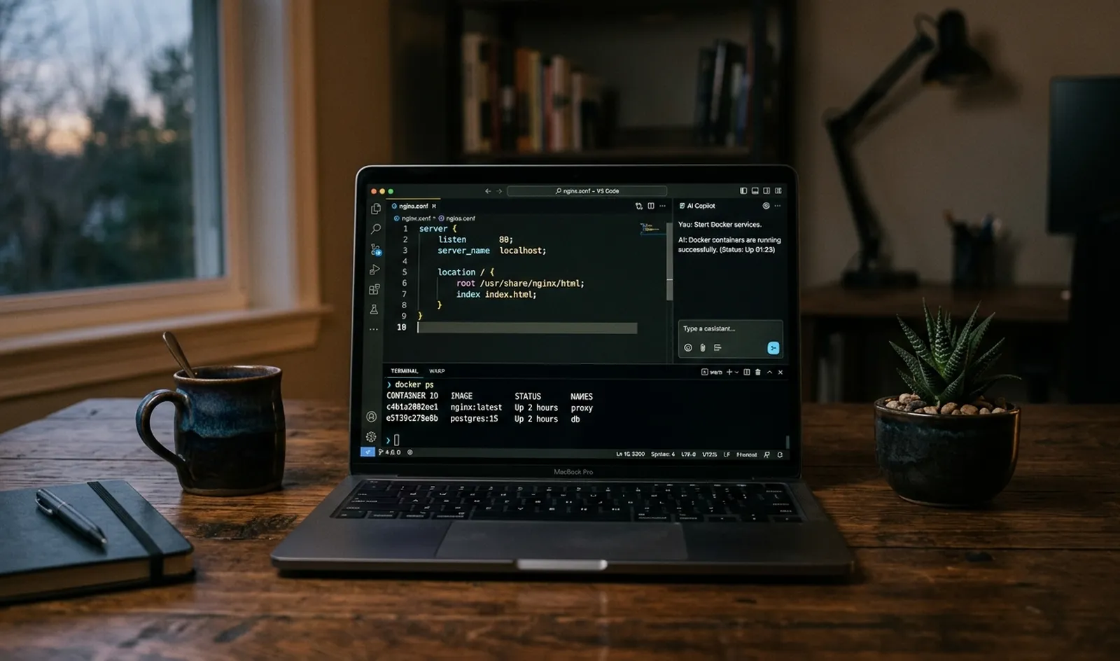 An Nginx config in a code editor, Docker containers running in the terminal and an AI assistant panel