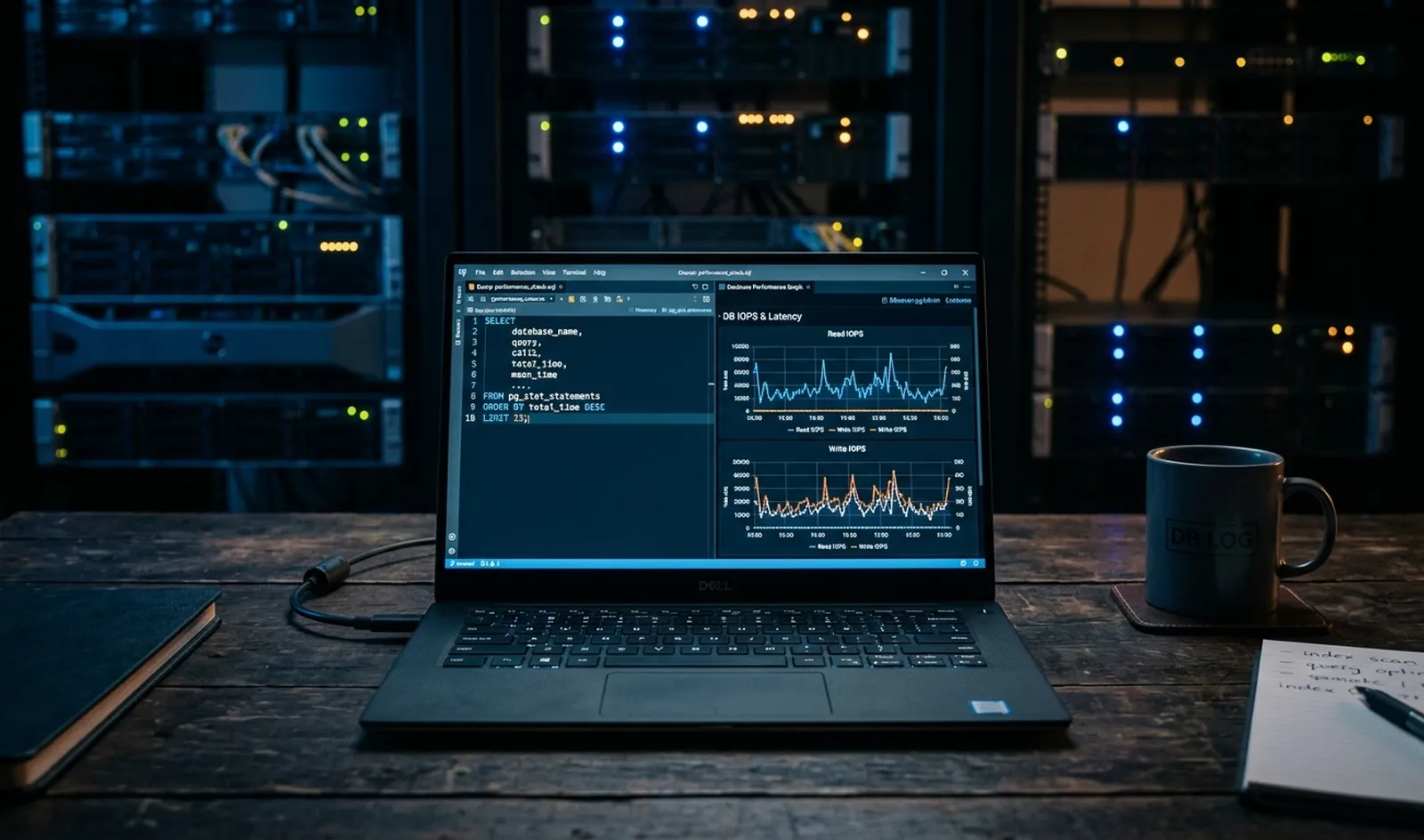 A laptop showing an SQL query and database performance charts in front of a server room