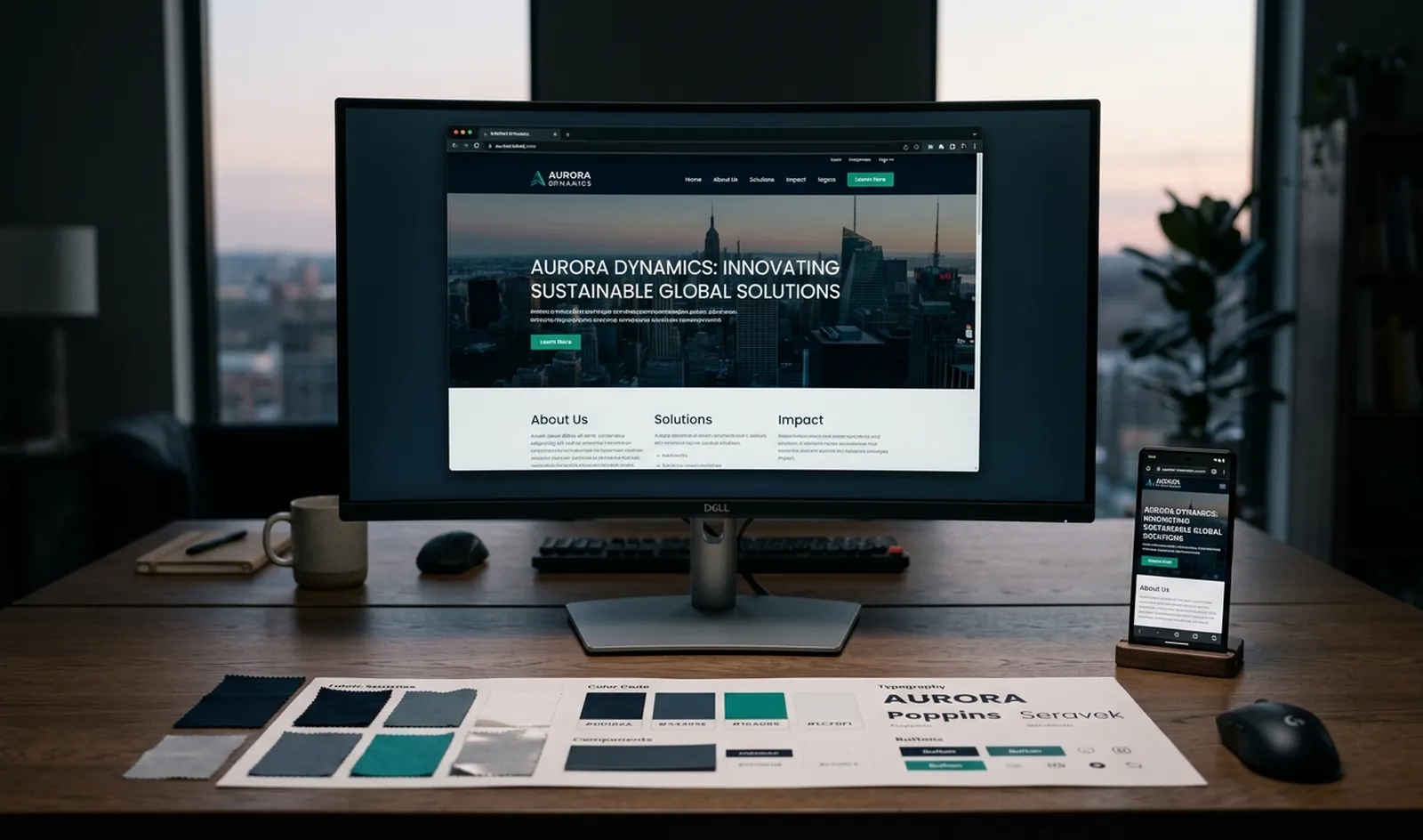 A corporate website design on a monitor, with its responsive view on a phone beside it